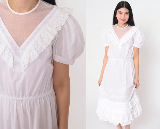 70s Jody White Eyelet Midi Dress Puff Sleeve Lace Yoke Small