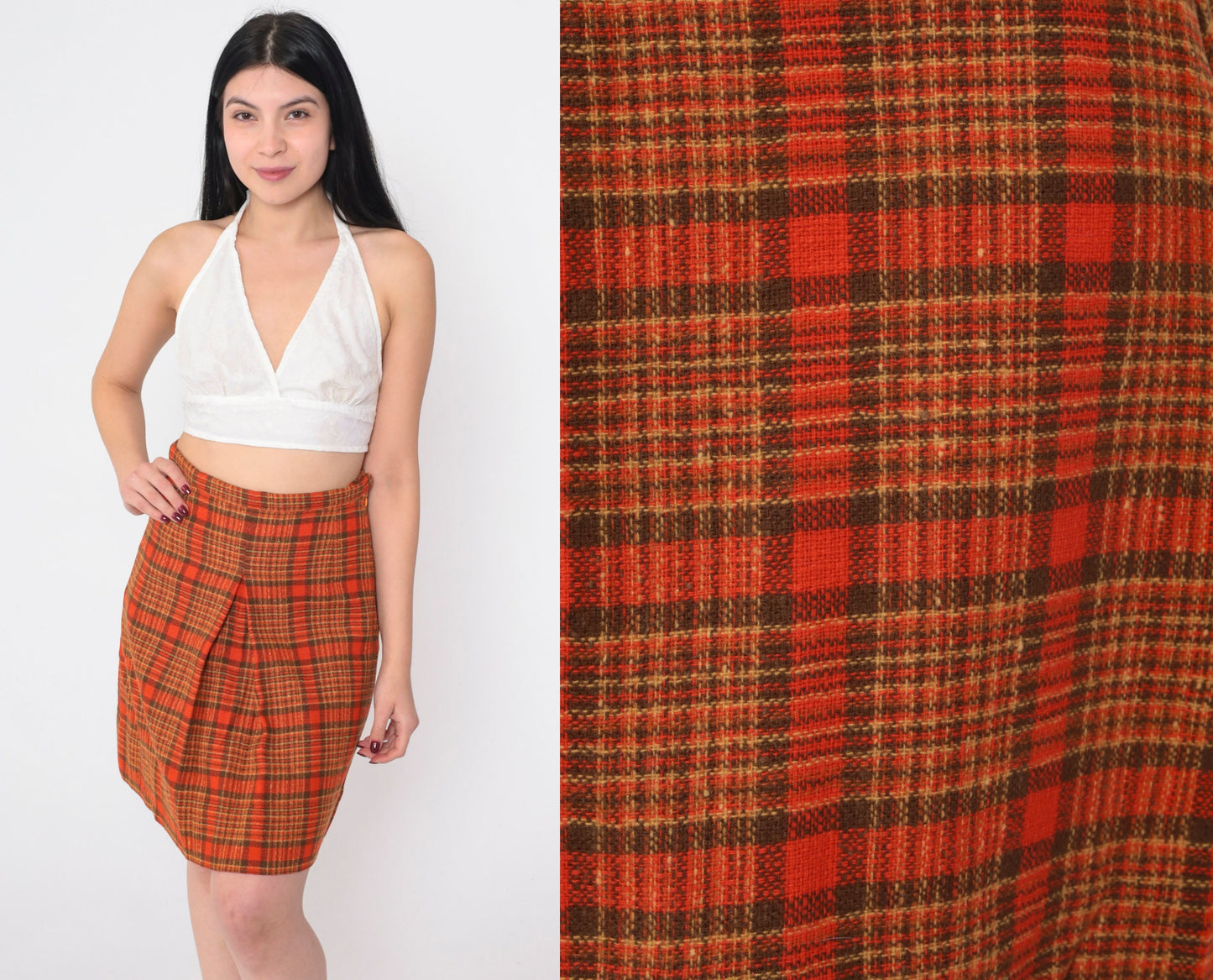 60s Red Plaid Wool Blend Mini Skirt High Waisted Pleated Small