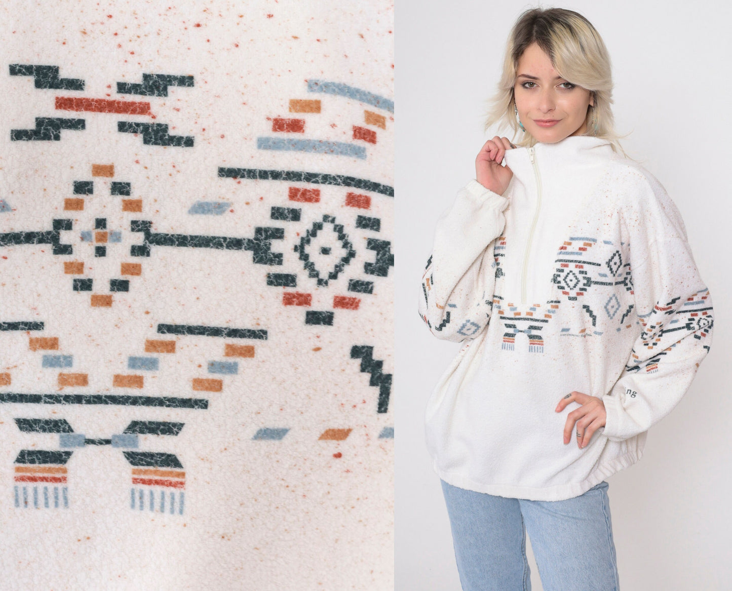 90s Art Unlimited Wyoming Southwestern Fleece Sweatshirt White Quarter Zip Large