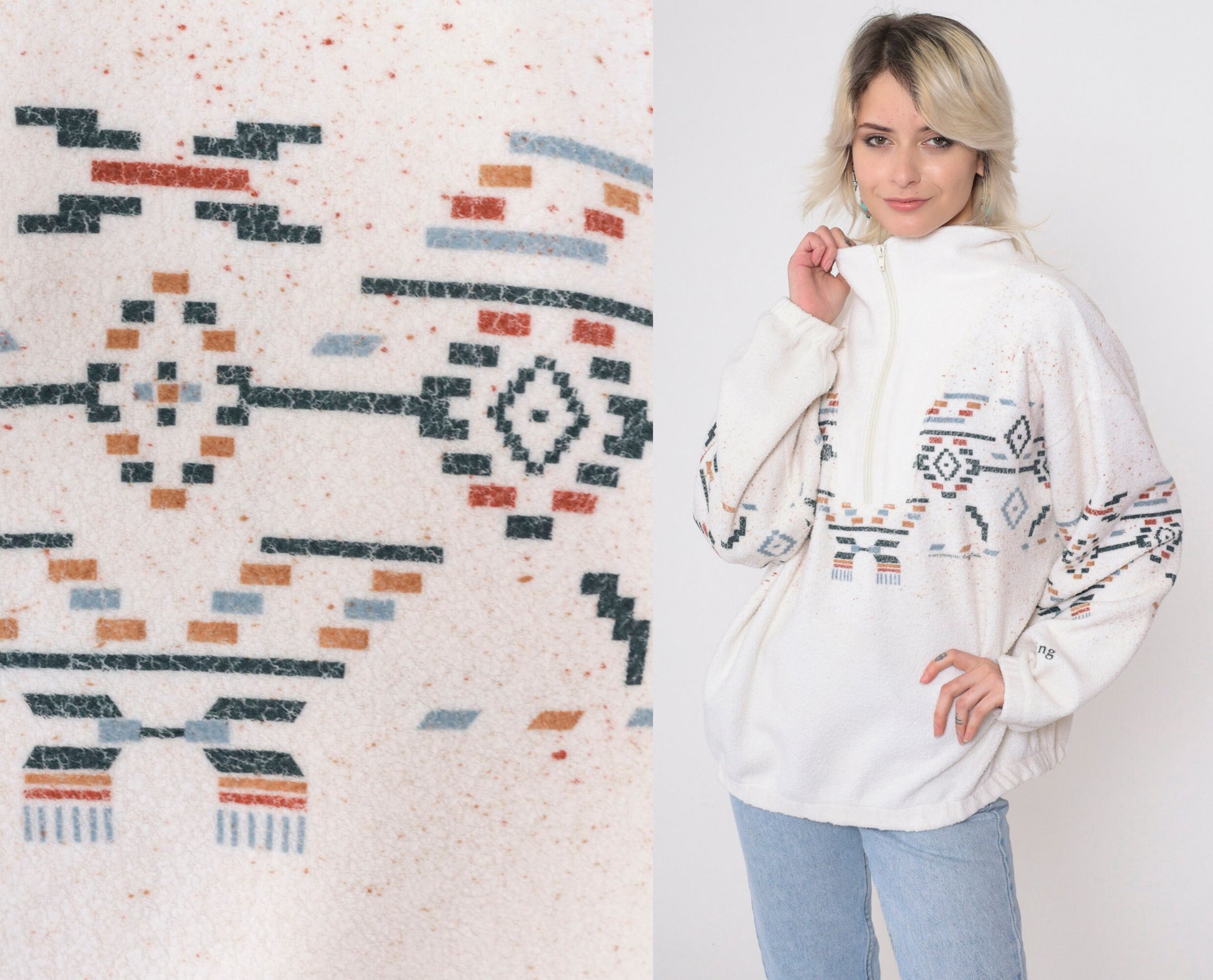 90s Art Unlimited Wyoming Southwestern Fleece Sweatshirt White Quarter Zip Large