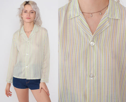 70s Striped Button-Up Shirt Lime Green Yellow Blue Collar Long Sleeve Small