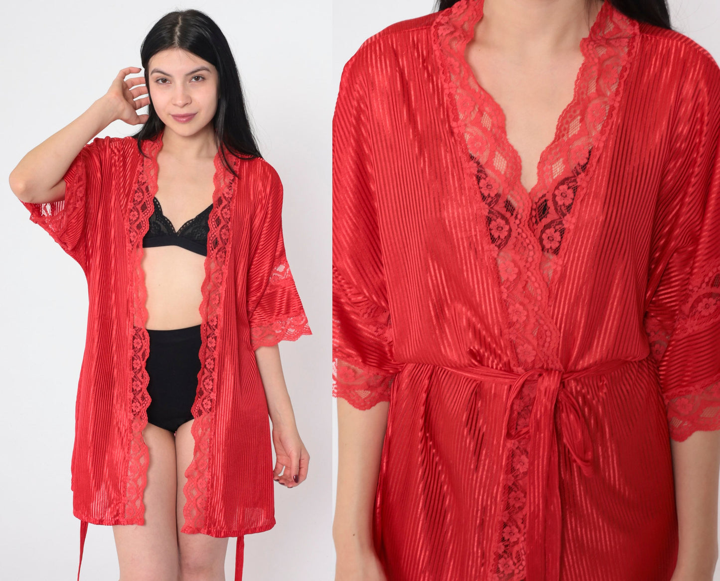 90s Fredericks of Hollywood Red Lace Striped Tie-Front Robe Mini Medium M
