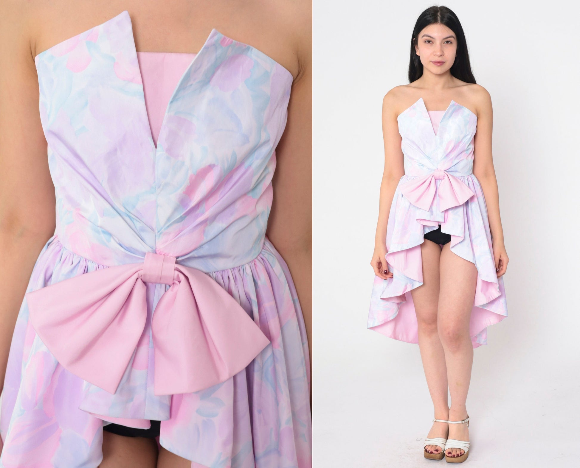 80s Strapless Waterfall Hem Dress Pastel Pink Purple Floral Bow Extra Small