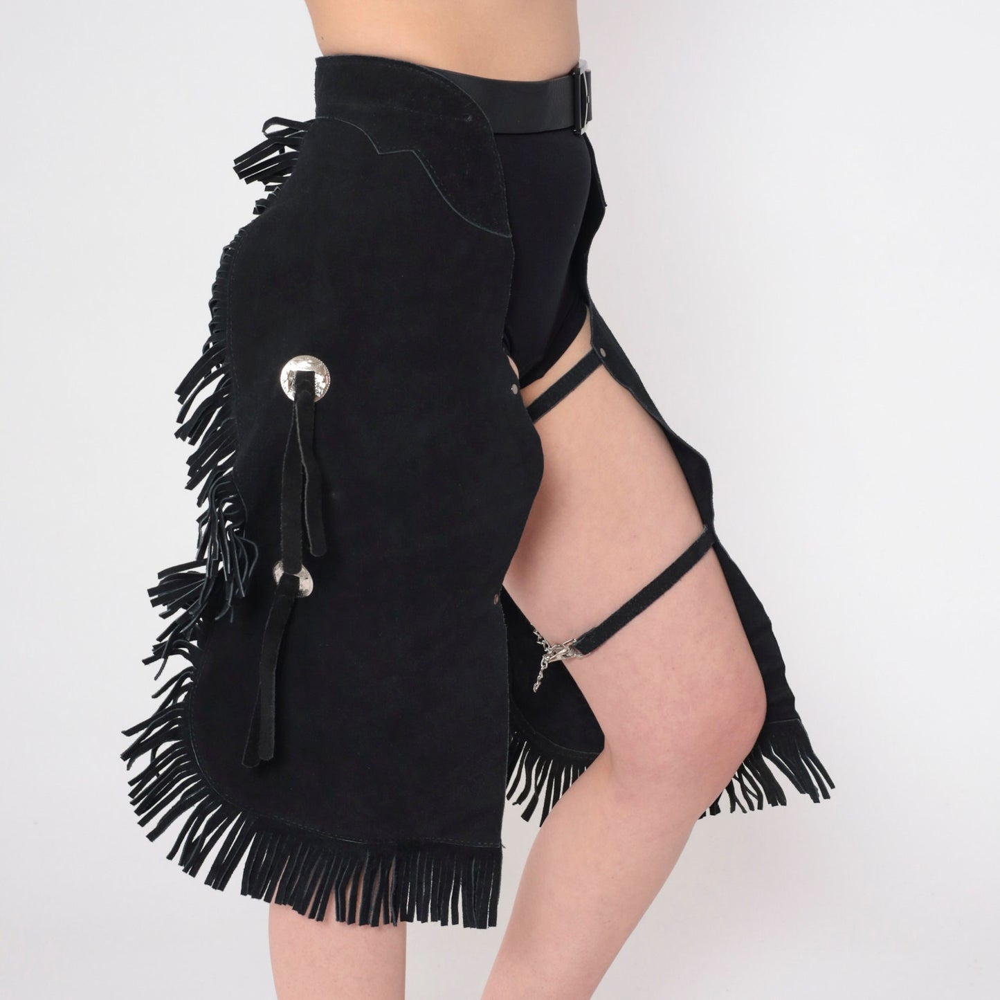 90s Black Suede Fringe Chaps Capri Length Concho Leg Straps Extra Small Medium