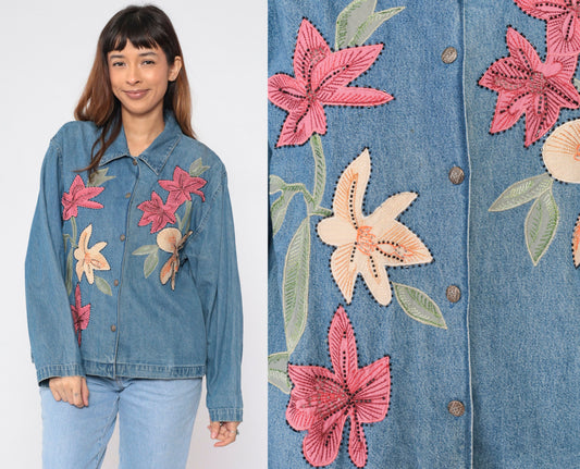 90s Tantrums Denim Jacket Floral Embroidered Beaded Blue Large