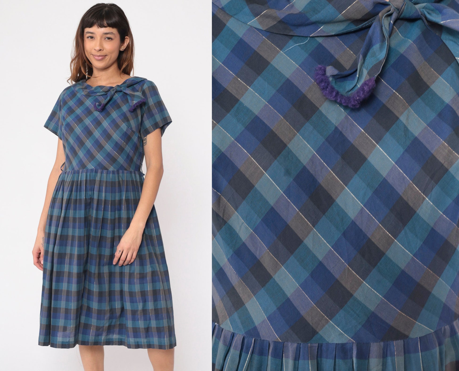1950s Blue Checkered Metallic Bow Collar Day Dress Midi Short Sleeve Medium