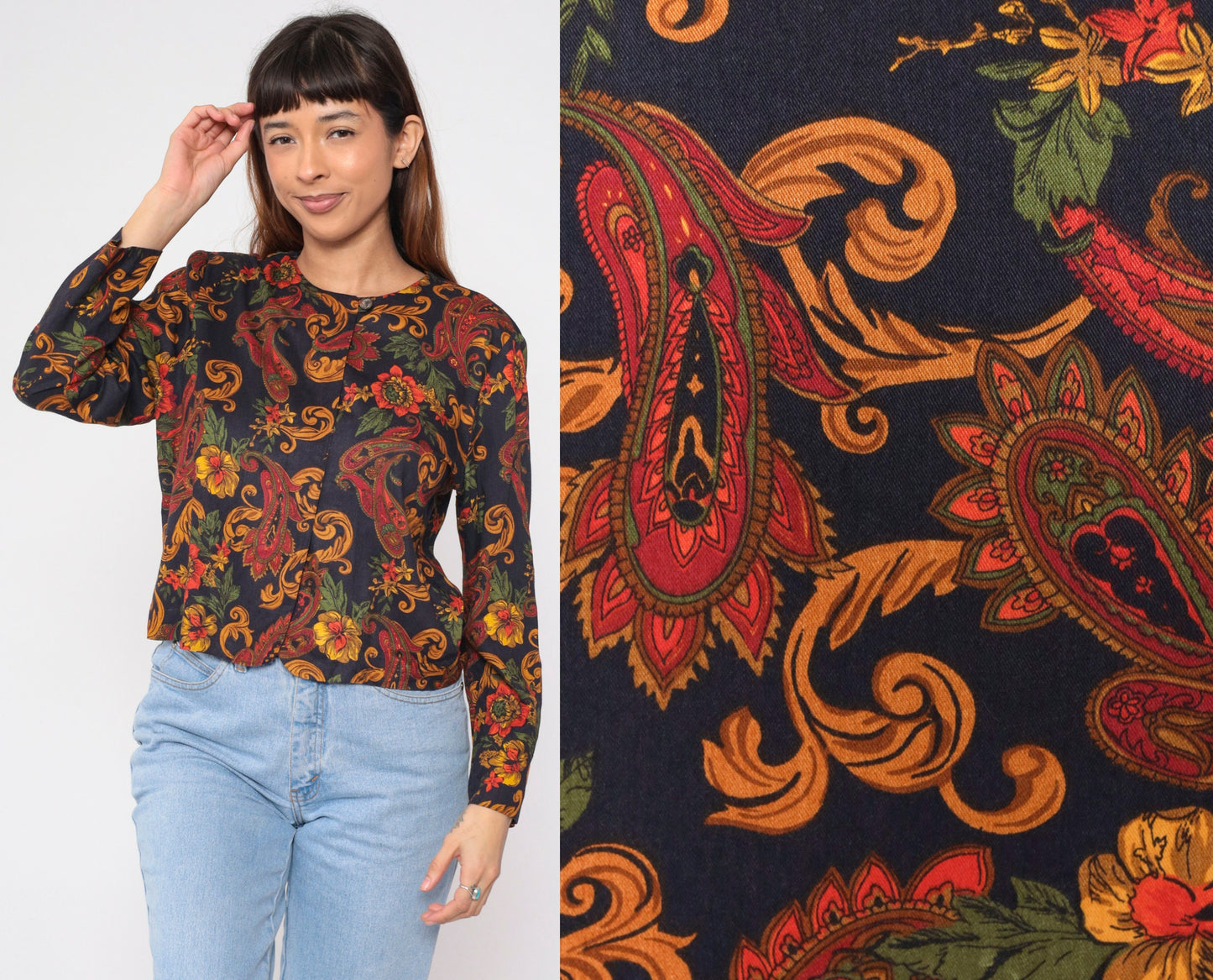 90s Norton McNaughton Paisley Floral Button-Up Blouse Black Gold Long Sleeve Medium