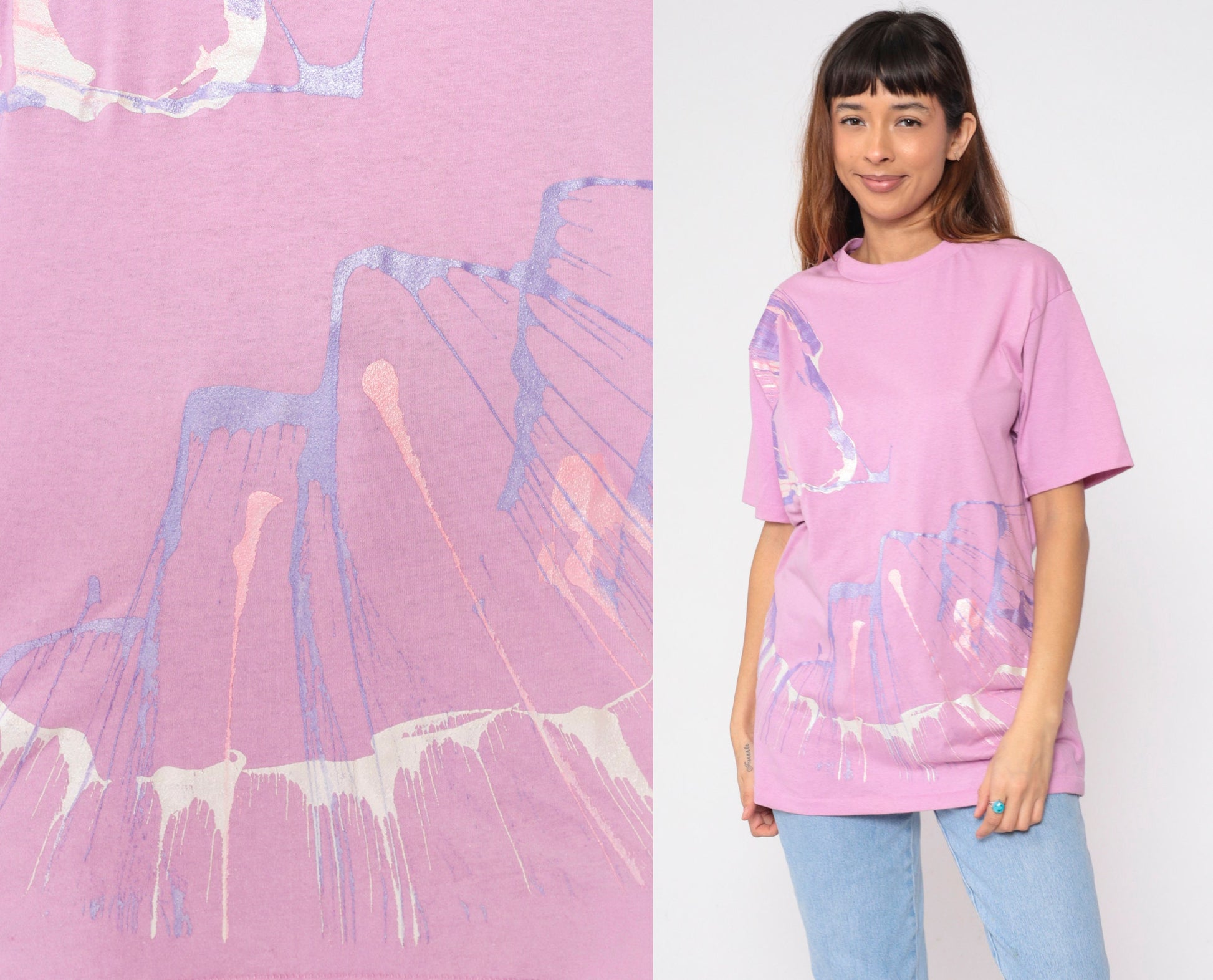 90s Pink Metallic Paint Splatter Graphic T-Shirt Single Stitch Large L