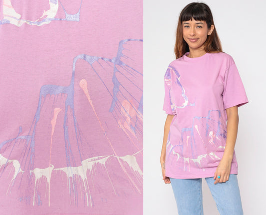 90s Pink Metallic Paint Splatter Graphic T-Shirt Single Stitch Large L