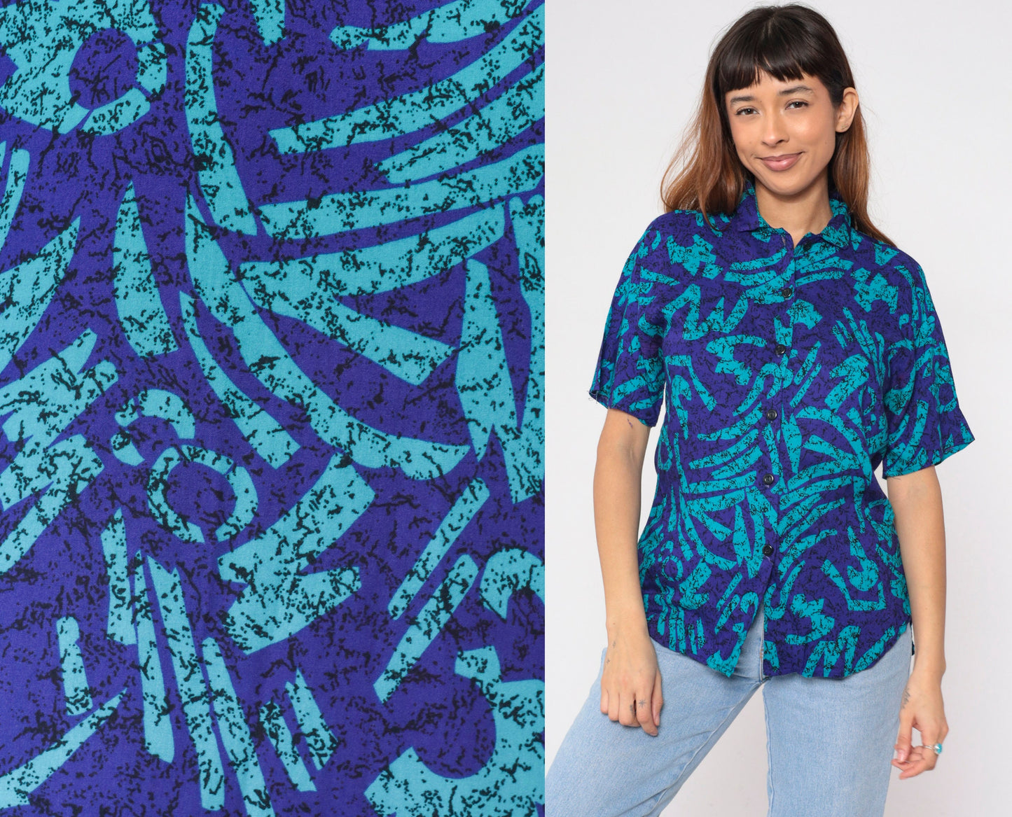 90s Abstract Marbled Button-Up Blouse Purple Blue Black Short Sleeve Medium