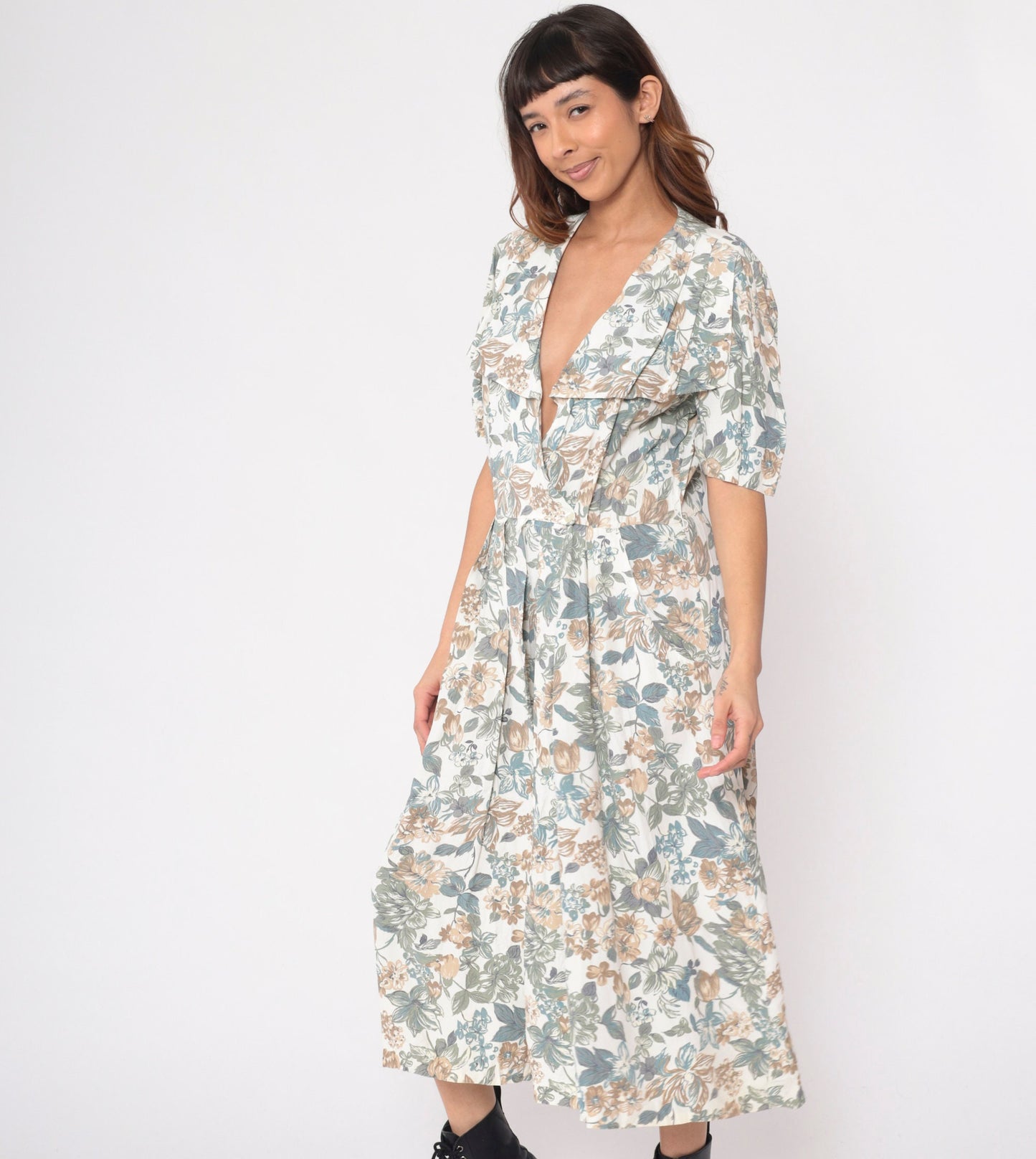 80s Floral Wrap Midi Dress White Puff Sleeve High Waist Pockets Medium