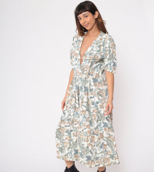 80s Floral Wrap Midi Dress White Puff Sleeve High Waist Pockets Medium