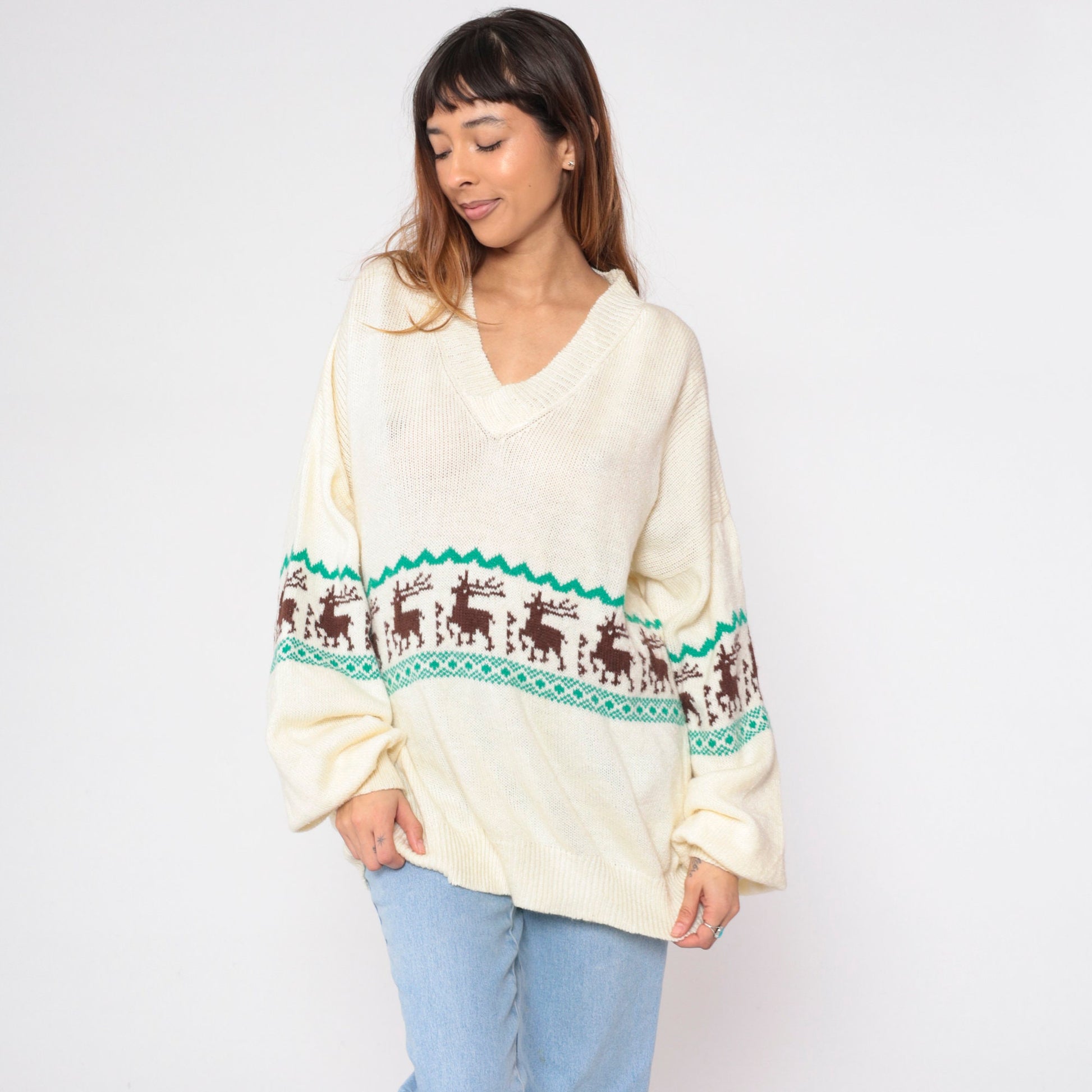 70s Elk Print Cream Knit V-Neck Sweater Striped Animal Pullover Large