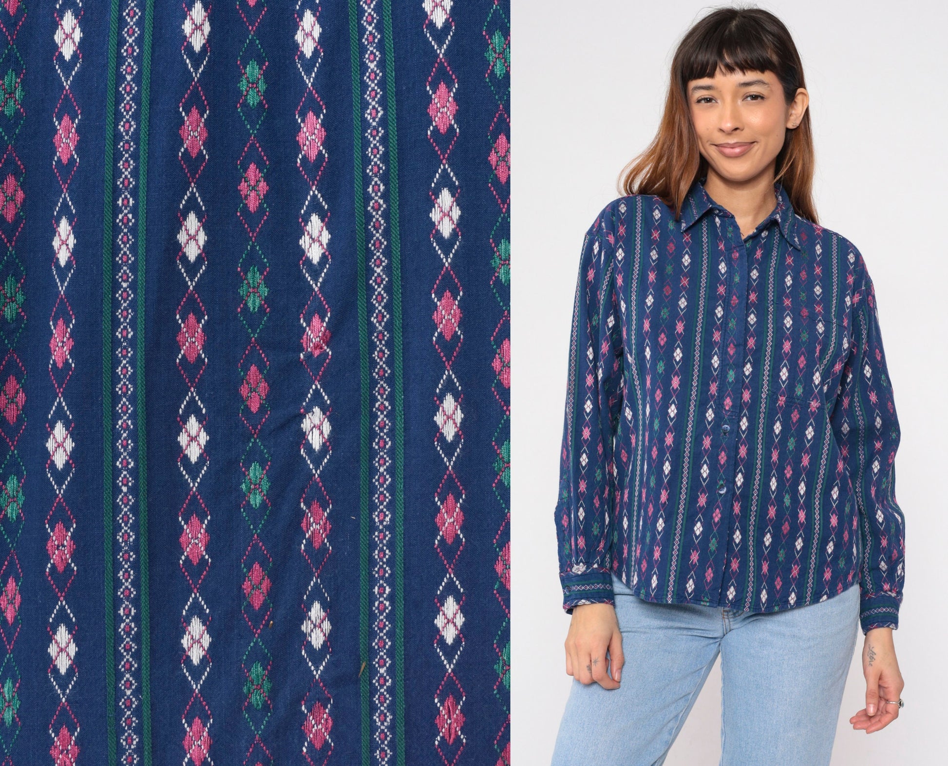 90s Krazy Kat Blue Argyle Diamond Print Button-Up Blouse Long Sleeve Large L