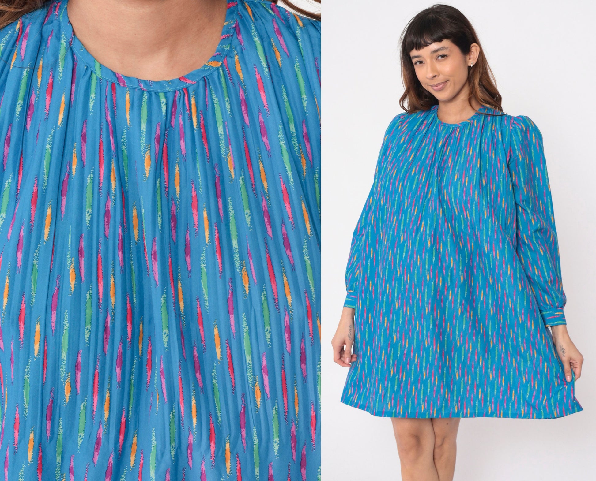 80s Mary Jane Corey California Striped Mini Dress Blue Puff Sleeve Shift Small