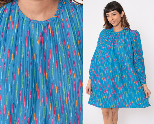 80s Mary Jane Corey California Striped Mini Dress Blue Puff Sleeve Shift Small