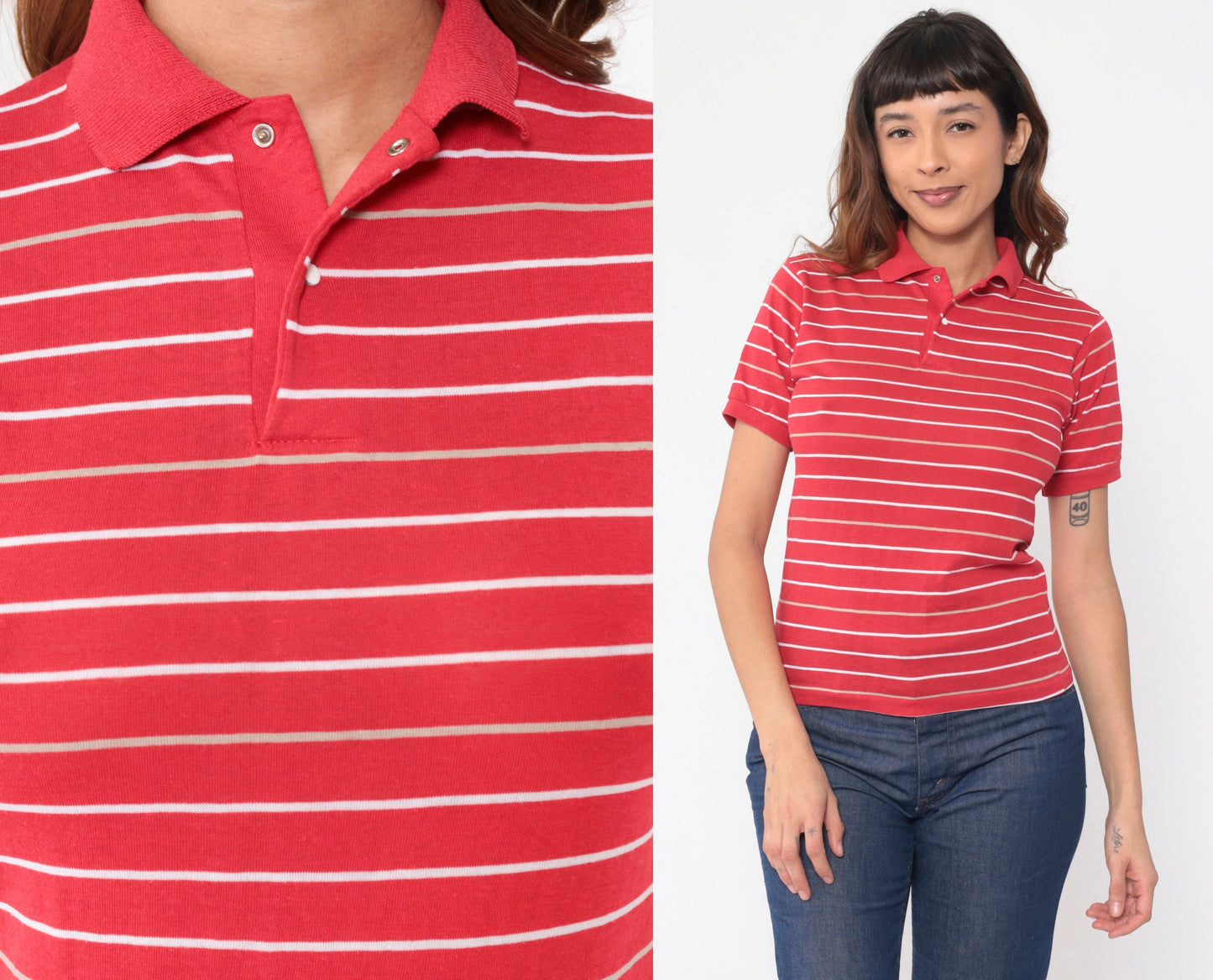 80s Red Striped Polo Shirt Snap Button Collared Top Extra Small