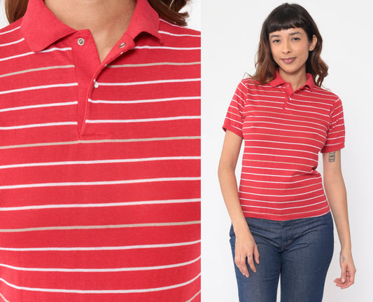 80s Red Striped Polo Shirt Snap Button Collared Top Extra Small