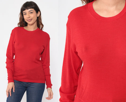 80s Stil Stoknes Thermal Undershirt Red Wool Nylon Long Sleeve Medium