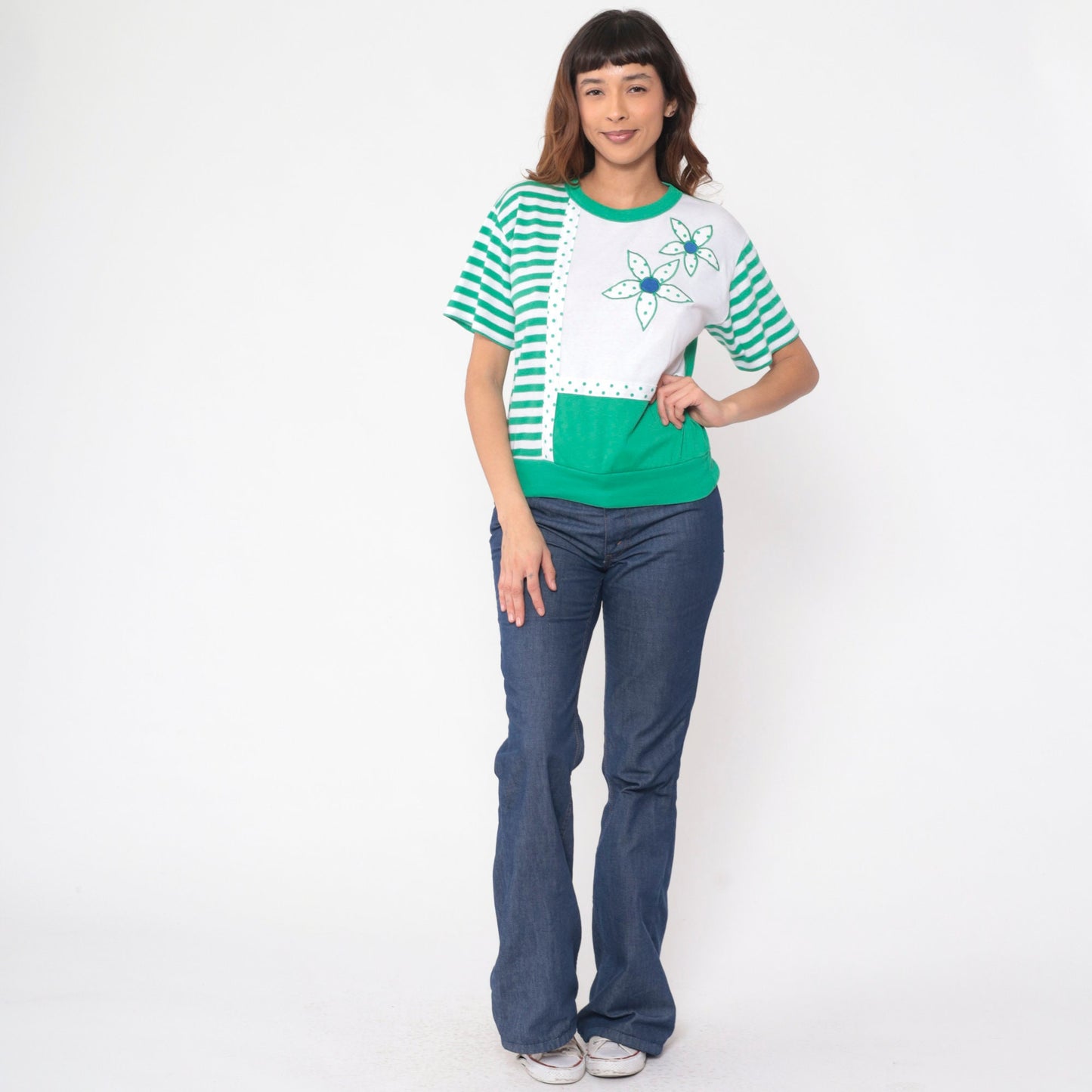 90s Floral Striped Polka Dot Blouse Green White Colour Block Small