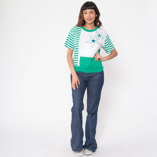 90s Floral Striped Polka Dot Blouse Green White Colour Block Small