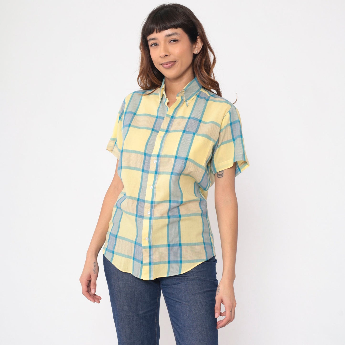 80s Yellow Blue Plaid Button Up Shirt Short Sleeve Collared Top Small S