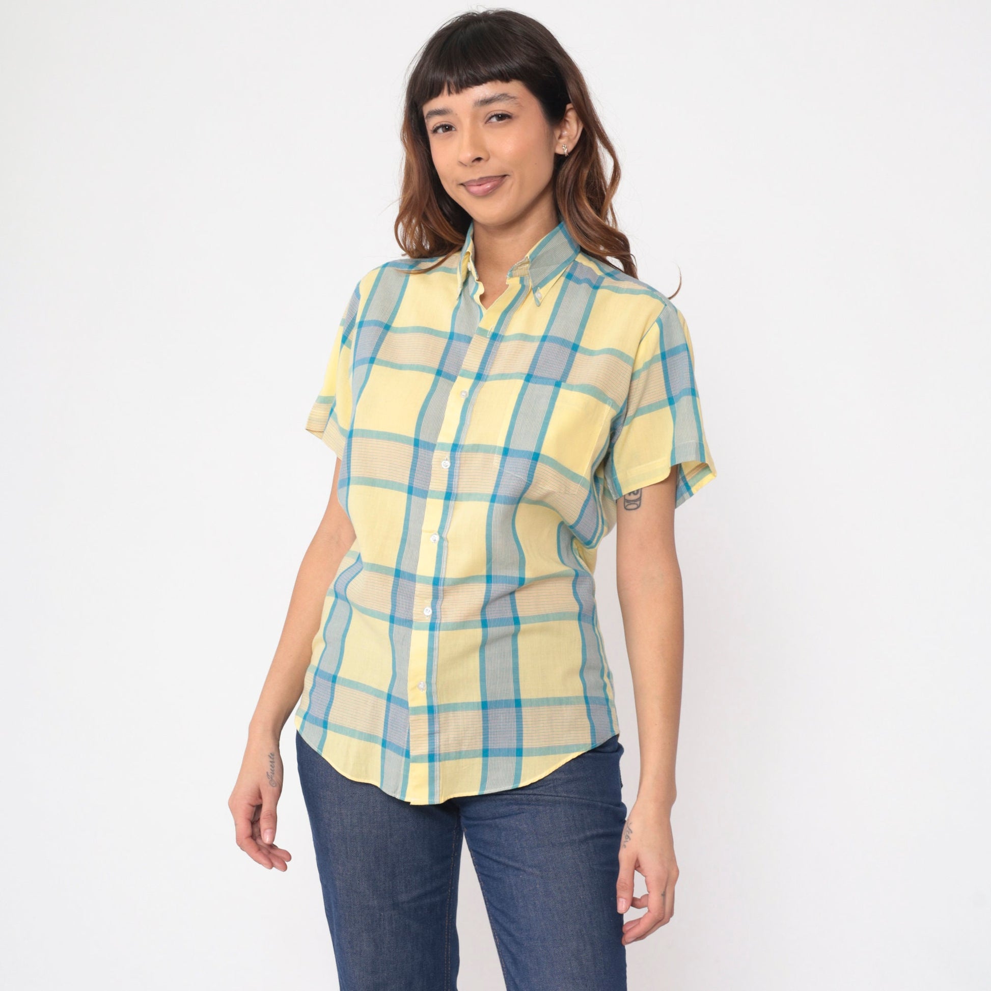 80s Yellow Blue Plaid Button Up Shirt Short Sleeve Collared Top Small S