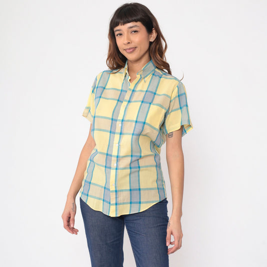 80s Yellow Blue Plaid Button Up Shirt Short Sleeve Collared Top Small S