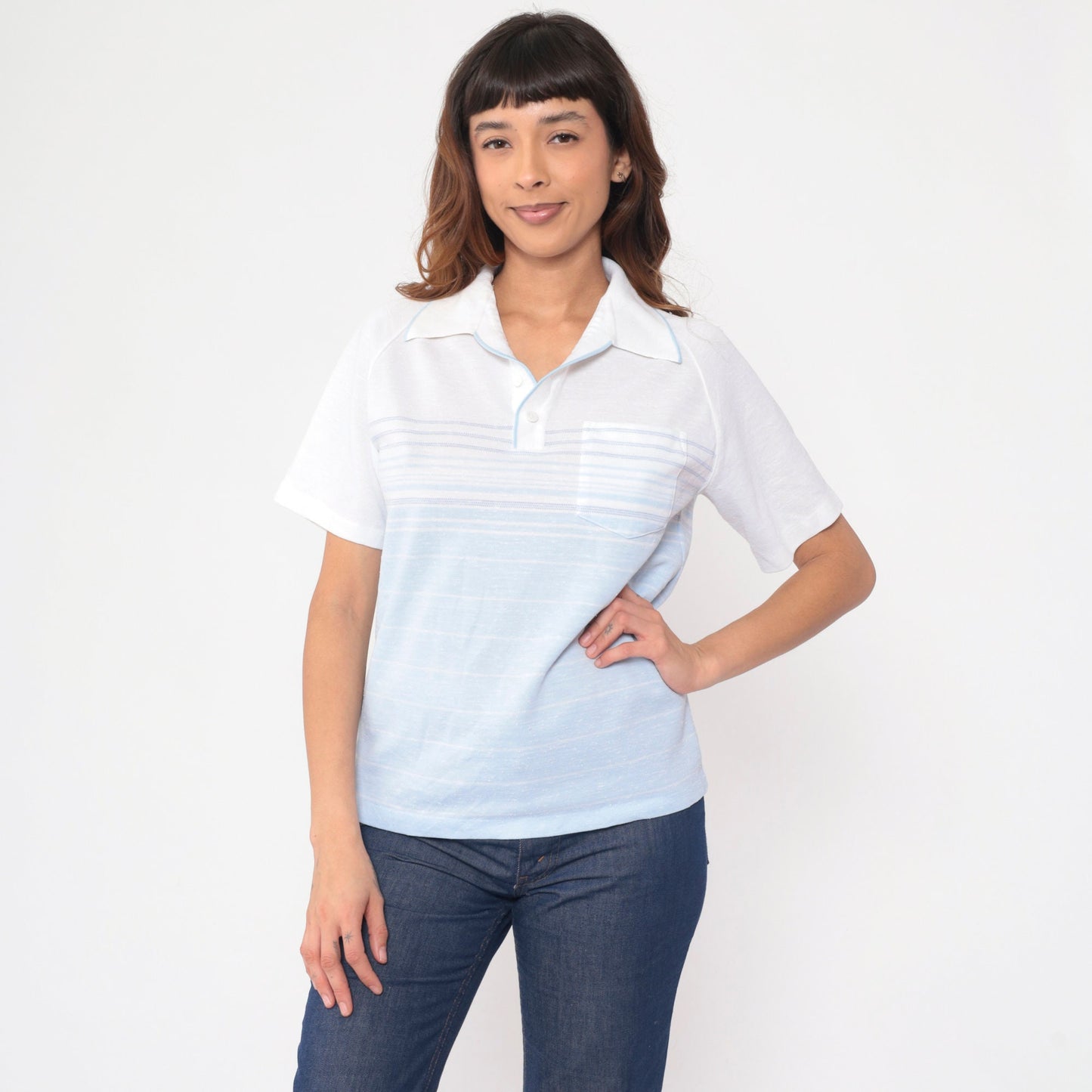 80s Status Club White Baby Blue Striped Polo Raglan Shirt Small