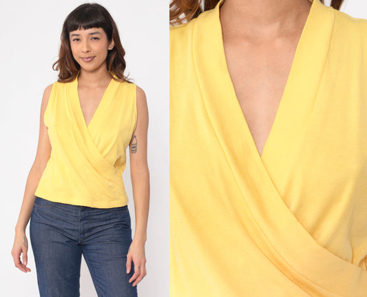 80s Yellow Surplice Tank Top Sleeveless Wrap Neckline Medium