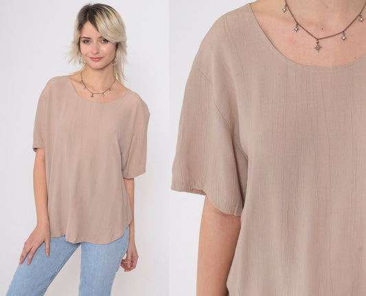 90s Clio Taupe Blouse Curved Hem Short Sleeve Pullover Small
