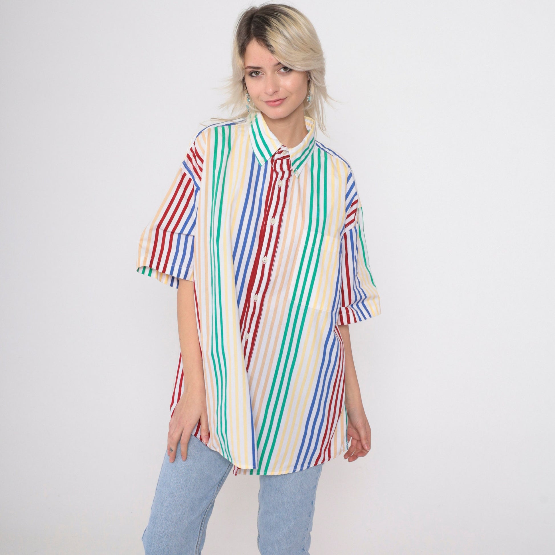 90s Van Heusen Striped Button-Up Shirt Multicolour Short Sleeve Men's Large