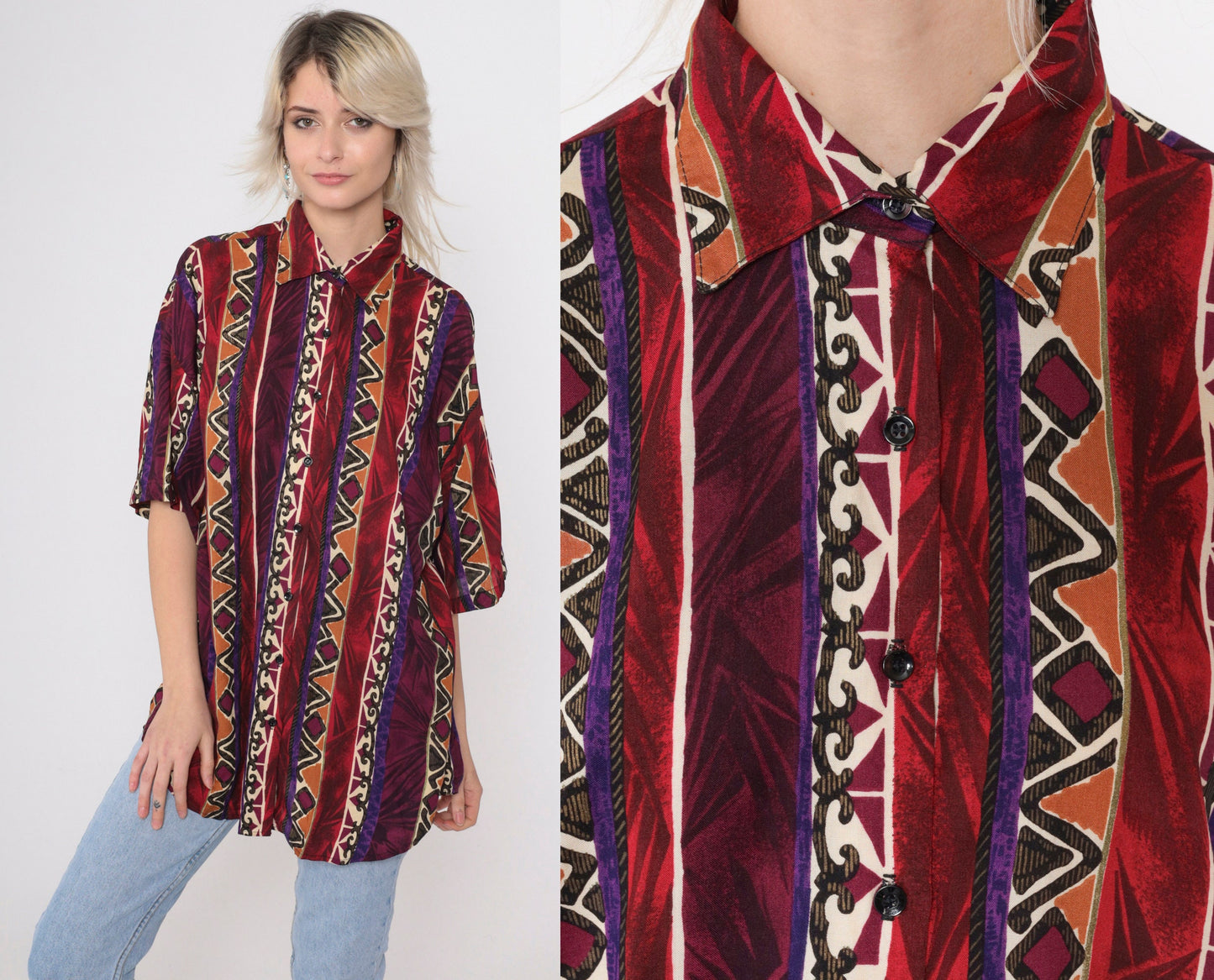 90s Geometric Zig Zag Button Up Shirt Rayon Red Purple Diamond Large L