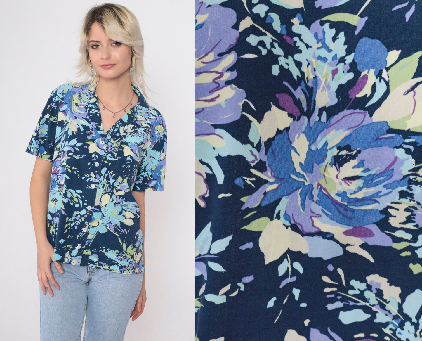 90s Floral Blouse Dark Blue Short Sleeve Button Up Shirt Medium