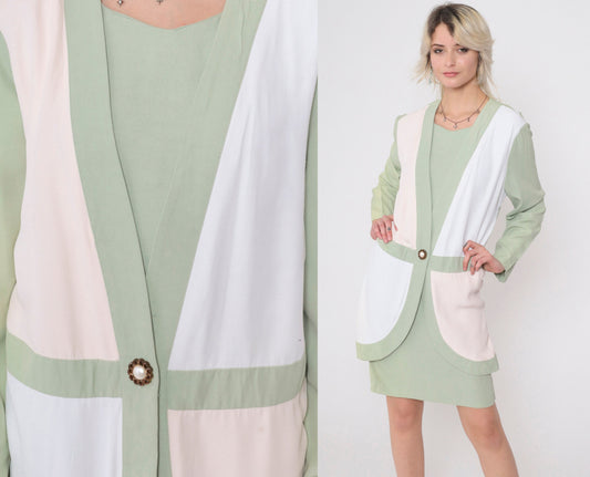 90s Sage Green Cream Colorblock Shift Dress Long Sleeve Midi Small 6