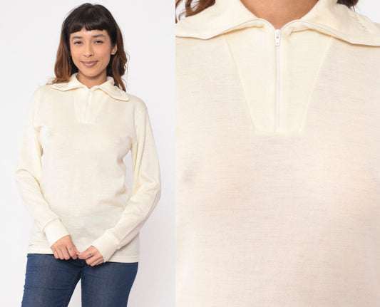 80s Devold Cream Wool Quarter Zip Pullover Long Sleeve Small