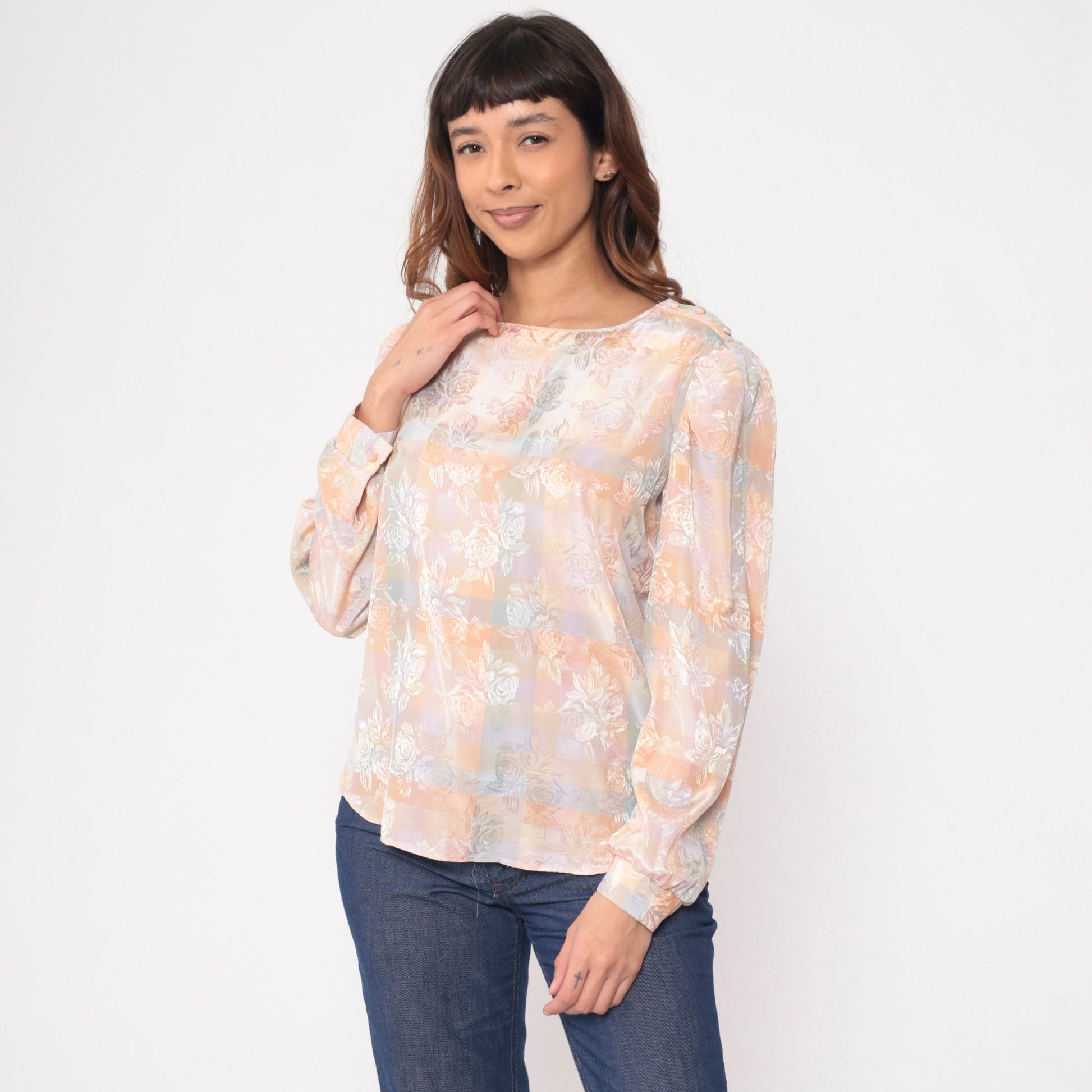 80s Kaki Roberts Peach Checkered Floral Puff Sleeve Blouse Small