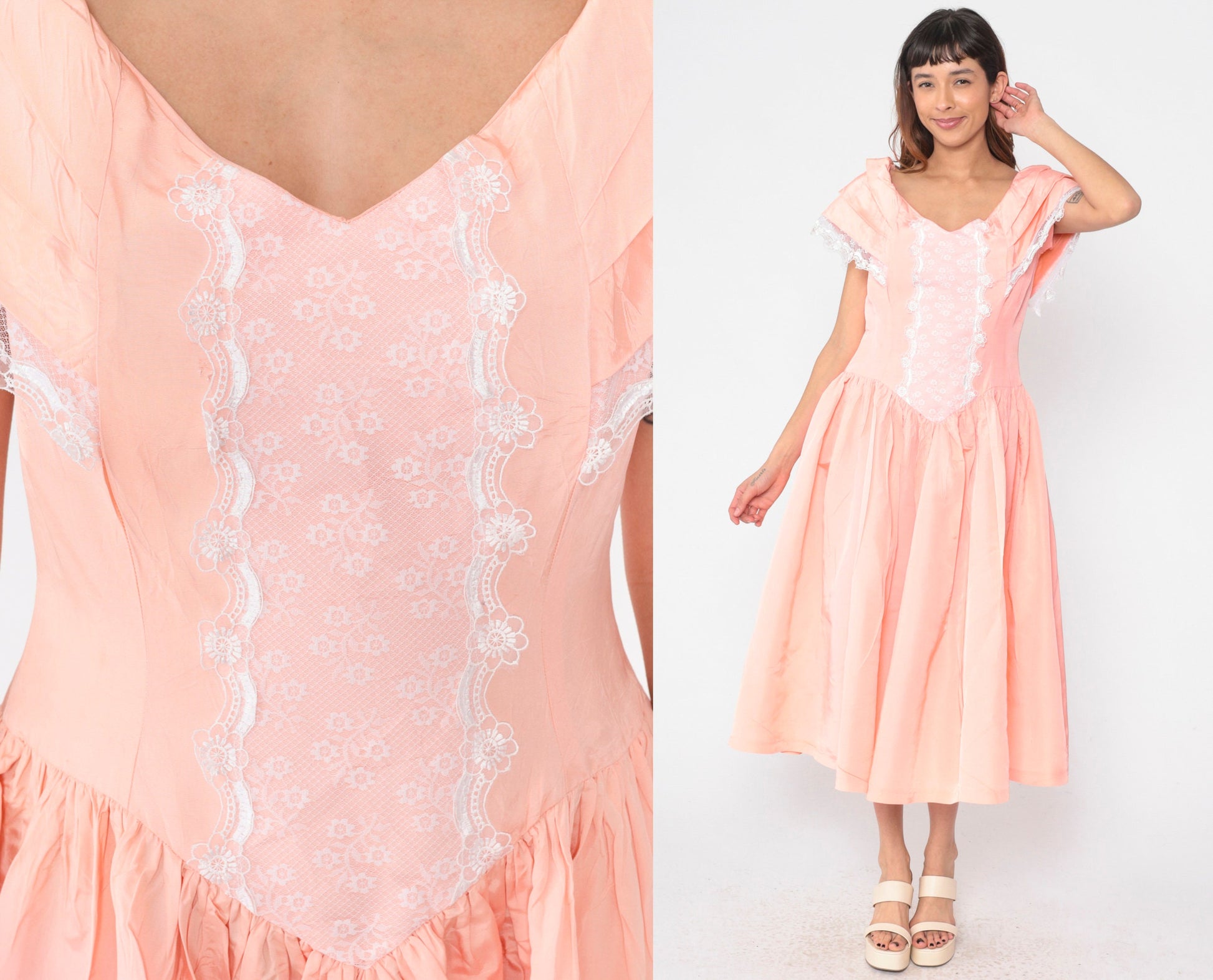 80s Peach Pink Taffeta Midi Dress Lace Trim Basque Waist Cap Sleeve Medium