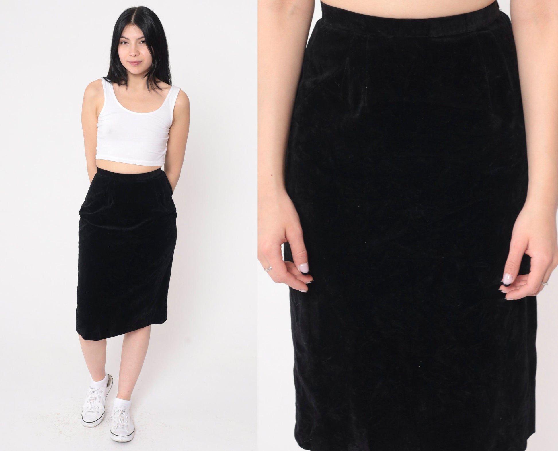 70s Black Velvet Midi Pencil Skirt High Waisted Extra Small XS