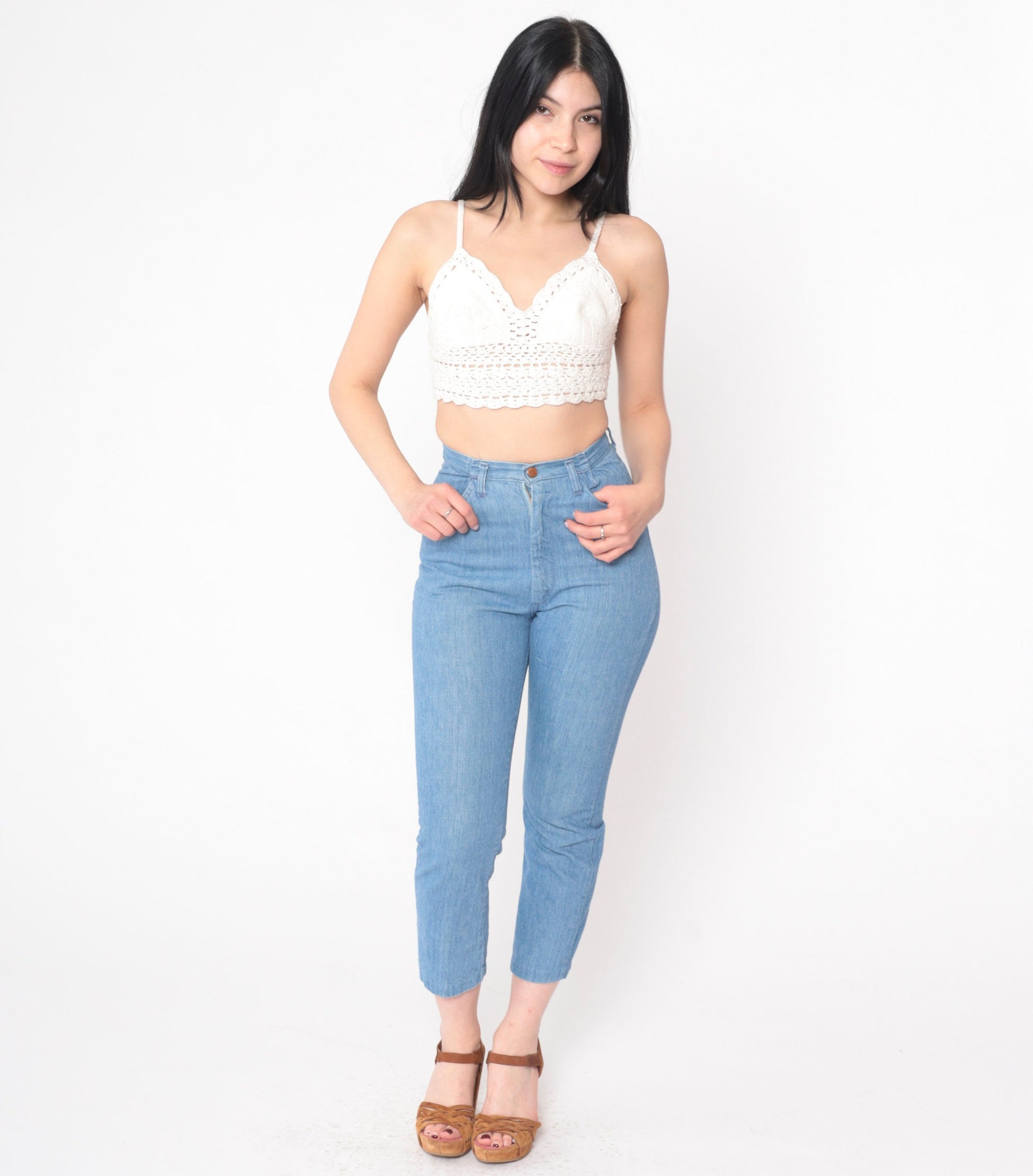 70s High Waist Skinny Jeans Blue Denim Cropped Ankle Tight Fit XXS