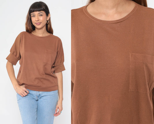80s Brown Dolman Sleeve Pocket Tee Slouchy Crewneck Large L
