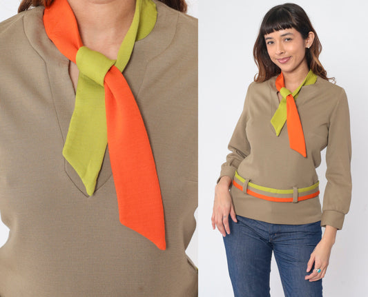 60s Nardis Wool Blouse Taupe V-Neck Necktie Belted Long Sleeve Small