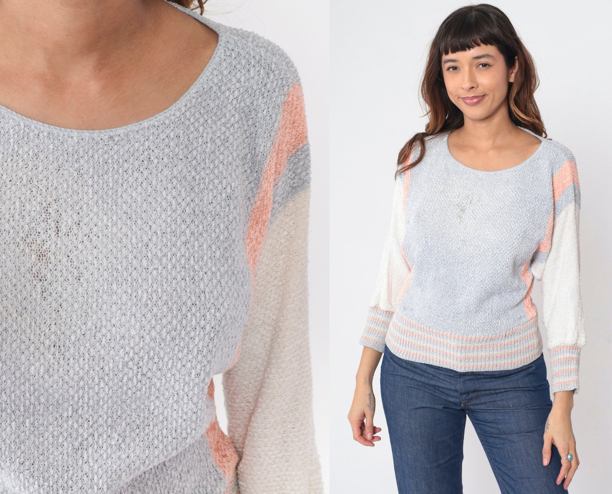 70s Dolman Sleeve Knit Sweater Grey Orange White Striped Colorblock Small