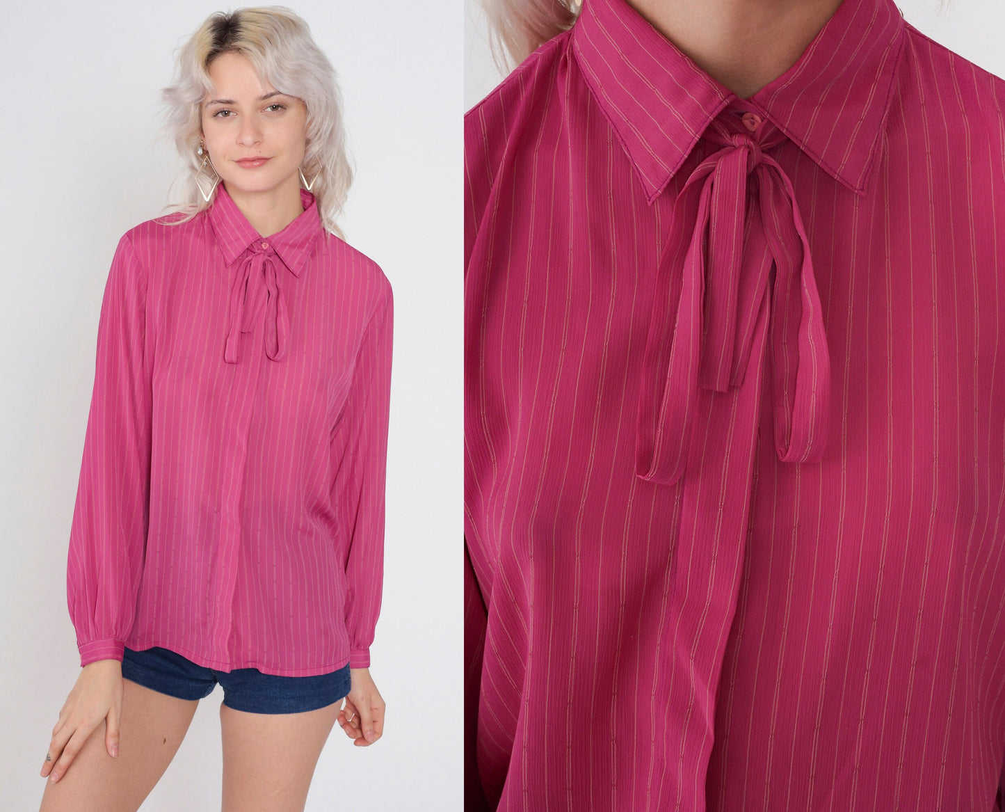 70s Deep Pink Striped Ascot Blouse Button-Up Long Sleeve Medium