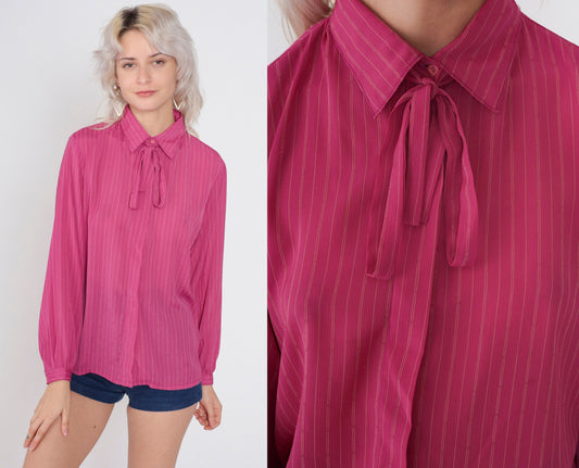 70s Deep Pink Striped Ascot Blouse Button-Up Long Sleeve Medium