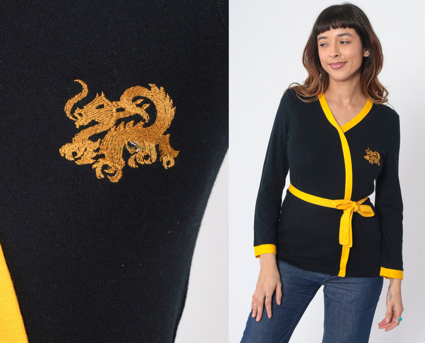 70s Black Knit Dragon Embroidered Wrap Top Yellow Trim Small S