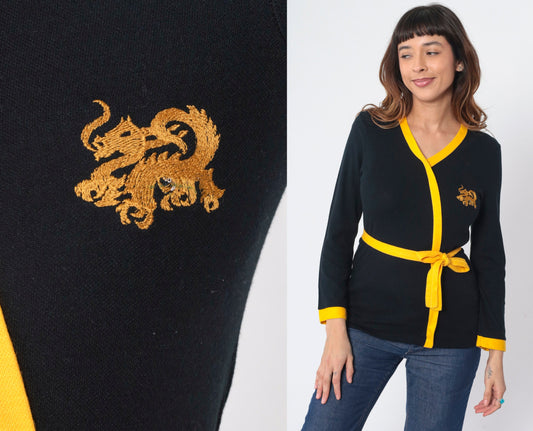 70s Black Knit Dragon Embroidered Wrap Top Yellow Trim Small S