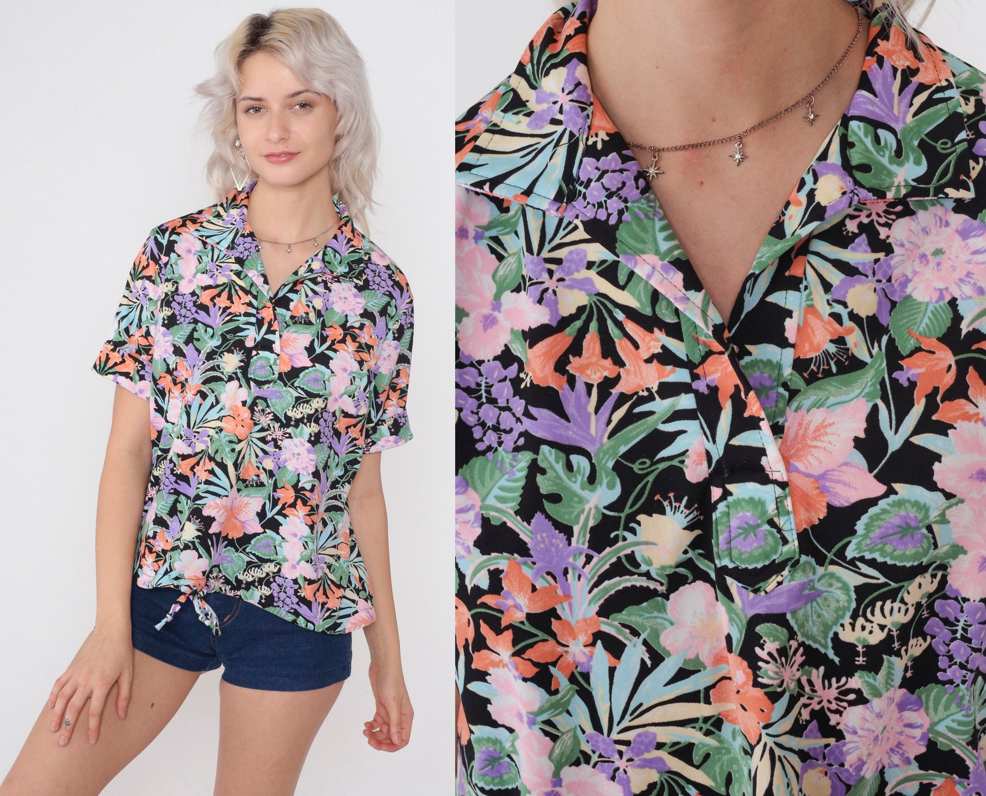 70s Black Floral Collared Blouse V Neck Drawstring Waist Short Sleeve Medium