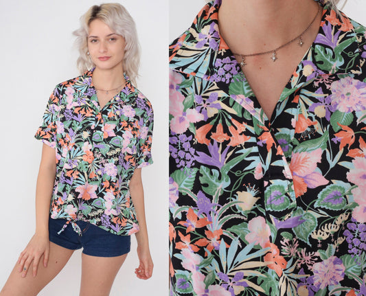 70s Black Floral Collared Blouse V Neck Drawstring Waist Short Sleeve Medium