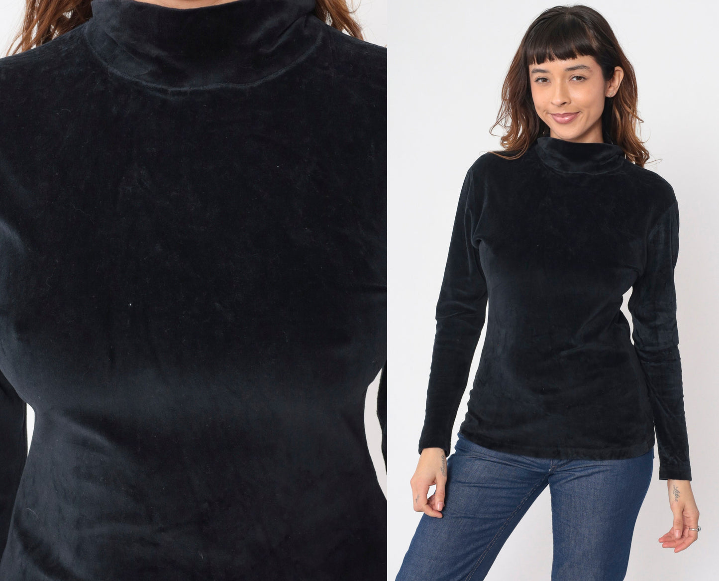 90s Black Velvet Turtleneck Blouse Long Sleeve Small S